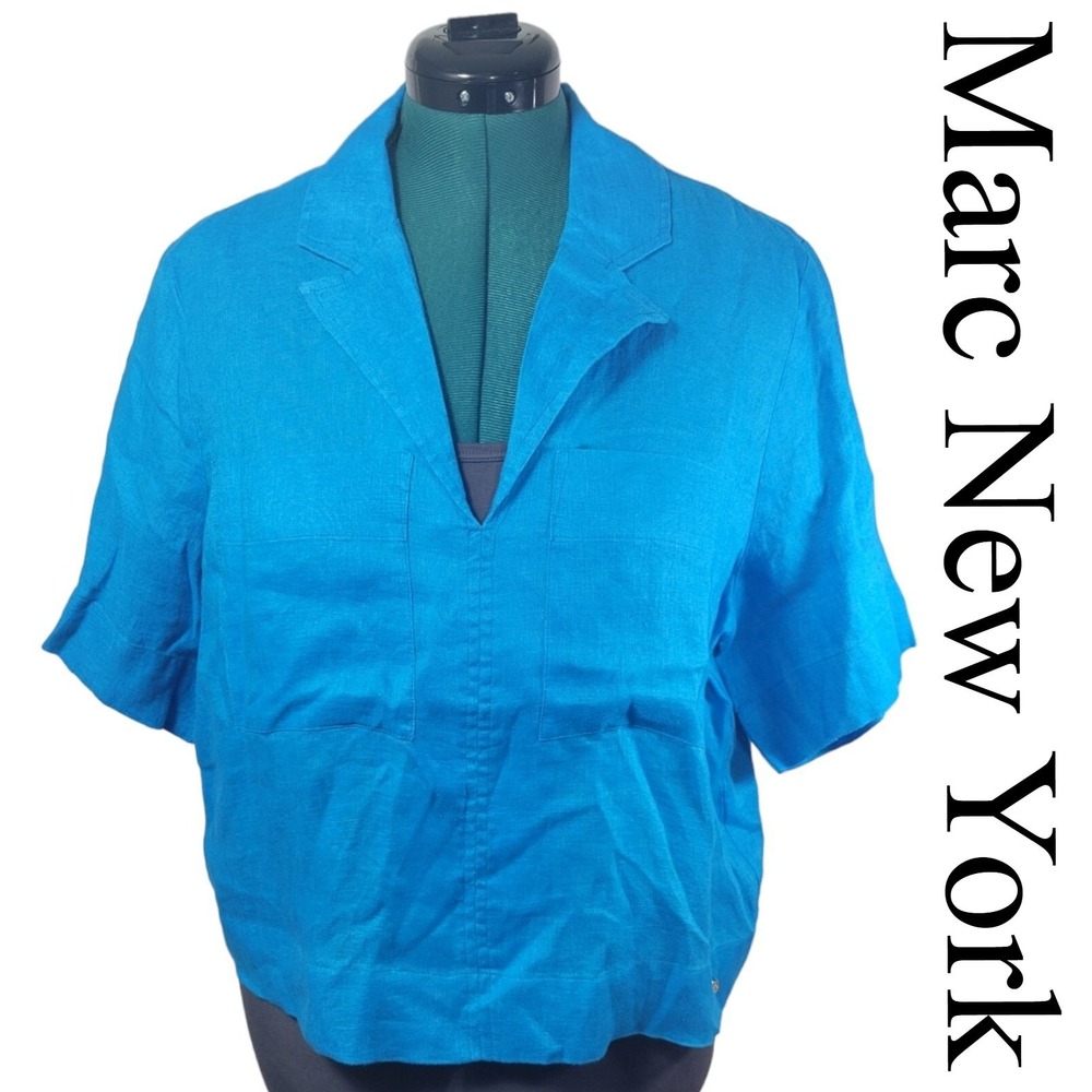 Marc New York Jeans Linen Top Women L Blue Short Sleeve Boxy Coastal Boho